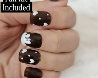 Chocolate Press-On Nails | Brown Drip Nail Art | Handmade Reusable Set