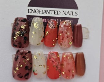 Molten Chocolate Romance Press-On Nails – Spiced Cocoa Brown Red Marble Nails with Gold Foil, Fall Luxury Handmade Nails