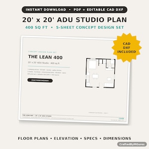 20x20 adu Studio House Plan, 400 Sq Ft Tiny Home Blueprint, PDF CAD dxf
