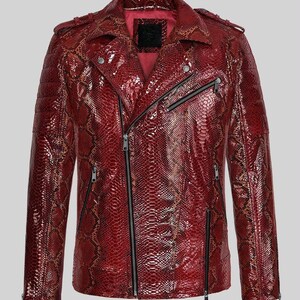 Red Python Leather Jacket: Luxury Snakeskin leather wax biker Jacket for Men | Women, Customized gift for him/her.