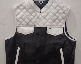 Leather vest, White and Black Quilted Biker Club Vest, Diamond Stitched Two-Tone Motorcycle Waistcoat.