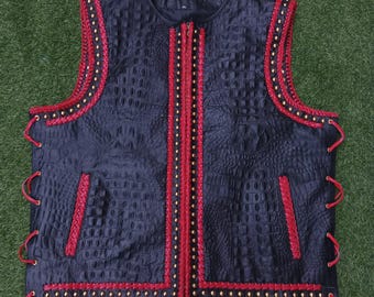Skórzana kamizelka klubowa, kamizelka motocyklowa ze skóry tłoczonej na wzór krokodyla, pleciona kamizelka motocyklowa w stylu western, męska kamizelka, prezent dla mężczyzny, prezent dla niego.