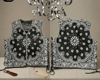 Black & White Bandana Print leather Vest,  Motorcycle style club Vest with Side Lacing, customized gift.