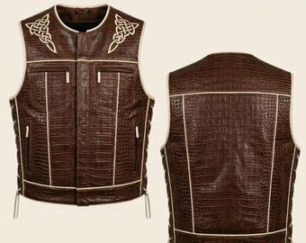 Leren clubvest Biker leren vest, leren vest met krokodilreliëf, motor western vest, herenvest cadeau voor mannen, cadeau voor hem.
