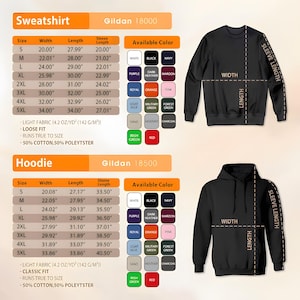 Może przedstawiać: Obraz wyświetla tabele rozmiar&oacute;w dla bluz Gildan 18000 i bluz z kapturem Gildan 18500, w tym wymiary szerokości, długości i długości rękaw&oacute;w w calach. Dostępne kolory są wymienione. Obraz pokazuje r&oacute;wnież czarną bluzę i czarną bluzę z kapturem.