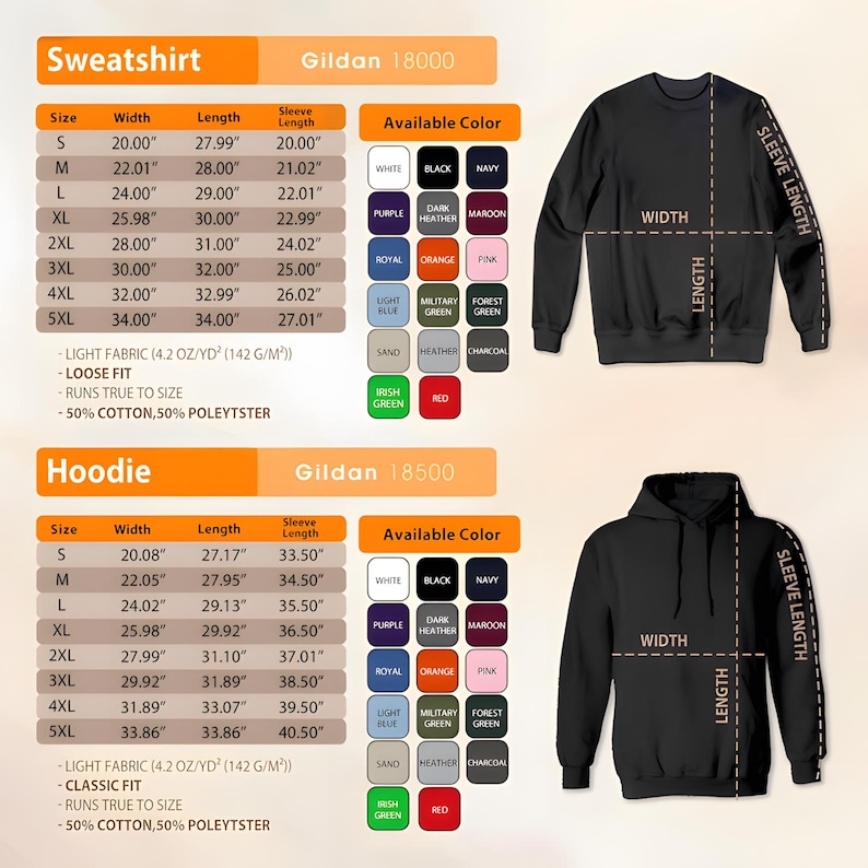 Może przedstawiać: Obraz wyświetla tabele rozmiar&oacute;w dla bluz Gildan 18000 i bluz z kapturem Gildan 18500, w tym wymiary szerokości, długości i długości rękaw&oacute;w w calach. Dostępne kolory są wymienione. Obraz pokazuje r&oacute;wnież czarną bluzę i czarną bluzę z kapturem.