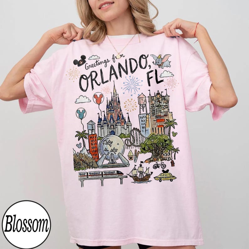 May include: A light pink t-shirt with a colorful graphic of Orlando, Florida landmarks, including a castle, roller coaster, and monorail. The text "Greetings from Orlando, FL" is printed above the illustration. The shirt has short sleeves.