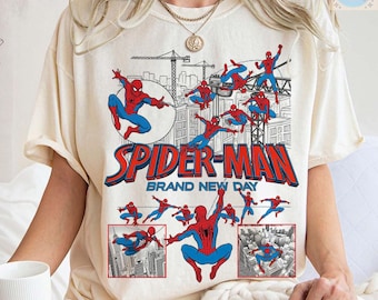 Vintage Spider-Man Brand New Day Shirt, Retro Spider-Verse Action Pose Tee, Spiderman Multi-Scene Movie Poster Top, Superhero Fan Gift