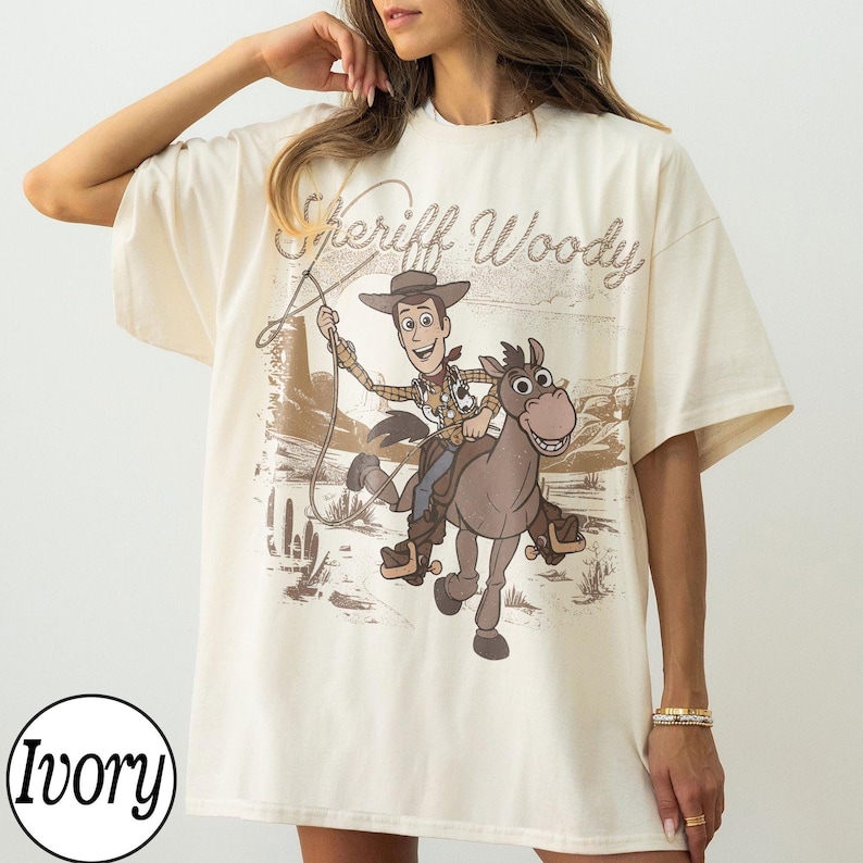 intage Sheriff Woody Shirt, Retro Toy Story Woody Riding Bullseye Tee, Disney Western Cowboy Top, Hollywood Studios Gift Shirt image 1
