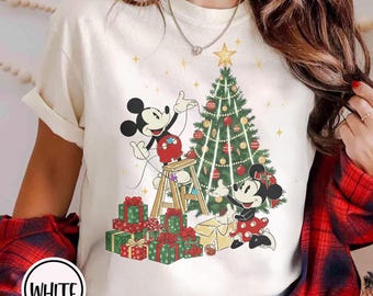 Cute Mickey & Minnie Decorating Christmas Tree Shirt – Retro Disney Holiday Sweatshirt, Festive Xmas Gift Tee
