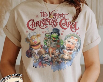 Shirt The Muppet Christmas Carol, vintage vakantie Muppets T-shirt, Kermit en Miss Piggy kerstfilmshirt, klassiek kerstgrafisch T-shirt