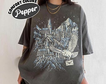 Hogwarts Castle Landscape Shirt, Retro Wizard School Owl Post Tee, Vintage Magic School Mountain Top, Snowy Owl Letter Gift,Wizardry Apparel
