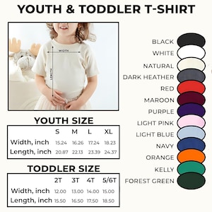 Może przedstawiać: Prezentowany jest beżowy t-shirt dla młodzieży i małych dzieci, z tabelami rozmiar&oacute;w dla młodzieży i małych dzieci. Rozmiary młodzieżowe wahają się od małych do bardzo dużych, a rozmiary dla małych dzieci od 2T do 5/6T. Opcje kolor&oacute;w obejmują czarny, biały i granatowy.