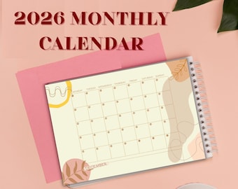 2026 Monthly Calendar Printable Minimalist Botanical Monthly Spreads A4 A5 Horizontal Calendar PDF Boho Floral