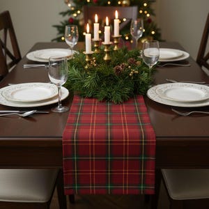 Camino de mesa navideño de tartán rojo y verde / Decoración festiva de mesa a cuadros / Estilo rústico para comedor / Regalo acogedor para el hogar en invierno