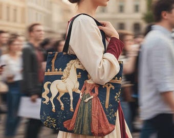 Medieval Unicorn and Maiden Woven Tote Bag | Vintage Tapestry Art Purse | Renaissance Fairy Tale Handbag | Fantasy Folklore Gift for Her