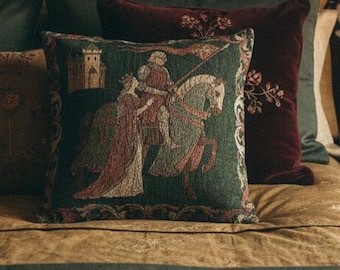 Medieval Knight & Lady Green Woven Tapestry Cushion Cover | Gothic Romance Castlecore Pillow | Ren Faire Chivalry Decor | Dark Academia Gift