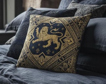Medieval Heraldic Lion Woven Cushion | Gothic Tapestry Pillow | Regal Lion Crest | Dark Academia Medieval Home Accent | Royal Gothic Decor