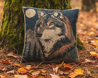 Wolf Woven Tapestry Cushion Cover | Moonlit Wolf Portrait Pillow | Wildlife Cabin Lodge Decor | Rustic Jacquard Throw Pillow | Wolf Gift
