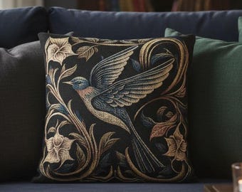 William Morris Style Bird Tapestry Cushion | Jacquard Woven Black Botanical Throw Pillow | Dark Floral Arts & Crafts Scatter Cushion Insert