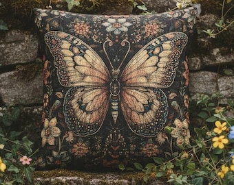 Butterfly Woven Tapestry Cushion Cover | Dark Cottagecore Botanical Pillow | Whimsigoth Fairycore Vintage Floral | Butterfly Lover Gift