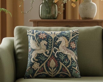 Medieval Woven Tapestry Red & Blue Pillow | Griffin Unicorn Chateaucore | Gobelin Cushion | Fantasy Creatures | Decorative Throw Pillow