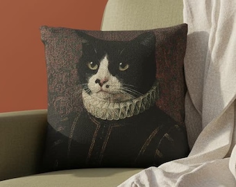 Custom Renaissance Cat Jacquard Cushion | Personalized Woven Pet Portrait Pillow | Tudor Ruff Royal Pet Gift | Funny Regal Cat Home Decor