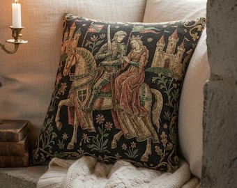 Medieval Knight & Lady Woven Cushion | Castle Tapestry Pillow | Gothic Medieval Castlecore Decor | Queen Knight on Horse Tapestry Cushion