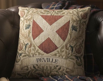 Personalized Coat of Arms Cushion | Custom Family Crest Pillow | Heraldic Shield Woven Decor | Surname Gift | Medieval Heritage Home Accent