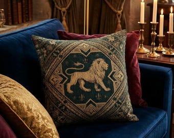 Heraldic Lion Woven Medieval Tapestry Pillow | Celtic Knotwork Emerald Gold | Castlecore Chateaucore Decor | DnD Fantasy Gift