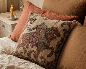 Medieval Tapestry Woven Cushion | Knight & Maiden Throw Pillow | Illuminated Manuscript Decor | Renaissance Gothic Home | Vintage Tapestry