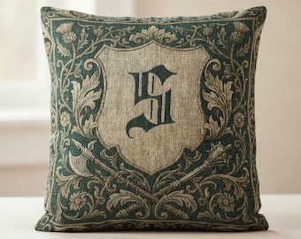Personalized Gothic Initial Green Cushion | Medieval Arms Heraldic Monogram Pillow | Custom Letter Medieval Tapestry Style Home Decor