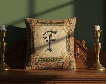 Personalized Medieval Initial Cushion | Custom Monogram Tapestry Pillow | Illuminated Letter Decor | Celtic Heraldic Gift | Dark Academia