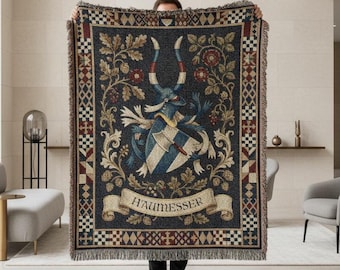 Custom Family Crest Woven Blanket | Personalised Coat of Arms Surname Throw | Medieval Heraldic Tapestry | Castlecore Heritage Keepsake Gift