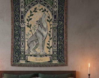 Personalised Wolf Woven Blanket | Gothic Arch Medieval Tapestry Throw | Custom Name Castlecore Fantasy Wolf Gift | Dark Cottagecore Decor