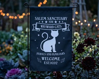 Salem Sanctuary for Wayward Cats Yard Flag | Black & White Witchy Halloween Garden Flag | Outdoor Cat Lovers Décor | Spooky Porch Sign
