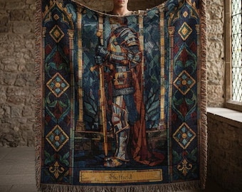 Medieval Knight Blue Woven Blanket | Personalized Surname Red Blanket | Stained Glass Knight Tapestry Throw | Custom Medieval Decor Blanket