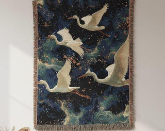 Japanese Crane Woven Blanket | Indigo Blue Celestial Tapestry Throw | Japandi Bird Wall Hanging | Ukiyo-e Inspired Cotton Home Decor Gift