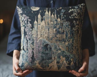 Enchanted Castle Woven Tapestry Cushion Cover | Moonlit Fairytale Castlecore Pillow | Dark Academia Fairycore Whimsigoth Fantasy Decor Gift