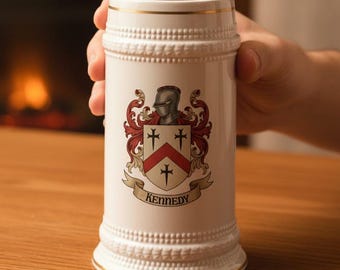 Personalized Family Crest Beer Stein Mug | Custom Coat of Arms | Heraldic Beer Mug with Gold Trim | Medieval Crest Gift | Custom Last Name