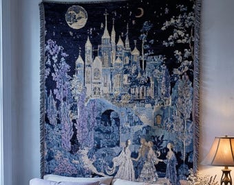 Enchanted Castle Woven Throw Blanket | Moonlit Fairytale Tapestry | Castlecore Fairycore Romantic Fantasy | Medieval Night Sky Decor Gift