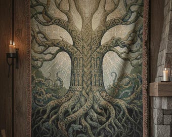 May include: A tapestry depicting a detailed tree design with intricate roots and branches, in shades of green, brown, and beige. The tapestry is fringed and hangs on a wooden wall above a wooden bench. The overall theme is nature and fantasy.