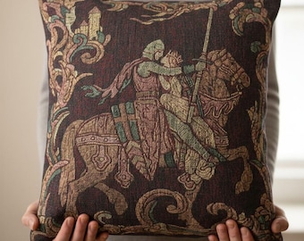 Medieval Tapestry Woven Cushion | Knight & Maiden Throw Pillow | Illuminated Manuscript Decor | Renaissance Gothic Home | Vintage Tapestry