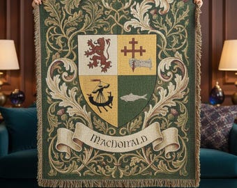 Custom Family Crest Woven Blanket | Personalised Coat of Arms Surname Throw | Medieval Heraldic Tapestry | Castlecore Heritage Keepsake Gift