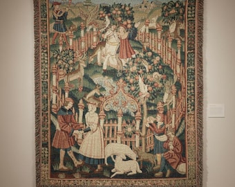 Hunting in the Park Tapestry Woven Blanket | Medieval Flemish Hunting Throw | Renaissance Medieval Wall Tapestry Decor | Castle Cottagecore
