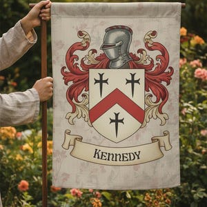 May include: A garden flag with a family crest design. The crest features a knight's helmet, a shield with three black crosses, and a red chevron. The name "KENNEDY" is displayed on a banner below the crest. The flag is held by a wooden pole.
