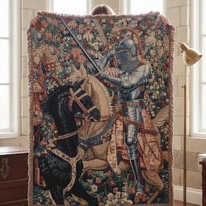 Vintage Medieval Knight Battle Woven Blanket | Cottagecore Castlecore Floral Tapestry Throw | Knights on Horseback | Home Decor Gift