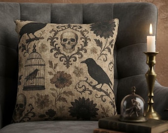 Gothic Skull & Crow Floral Cushion Cover | Black/Beige Vintage Halloween Throw Pillow | Dark Academia Skull And Flowers | Gothic Home Décor