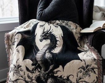 Victorian Dragon Woven Blanket | Gothic Botanical Tapestry Throw | Dark Academia Whimsigoth Decor | Black Dragon Fantasy Cottagecore Gift