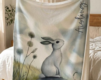 Personalised Ostara Hare Sherpa Fleece Blanket | Custom Name | Celtic Spring Equinox | Pagan Witch Gift | Cottagecore Woodland Hare Throw